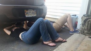 Melissa and Corey work on the sway bar